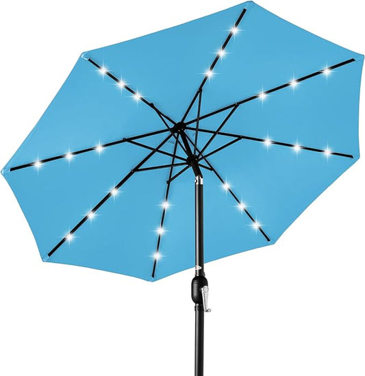 Best Choice Products 10ft Solar Polyester LED Lighted Patio Umbrella w/Tilt Adjustment and UV-Resistant Fabric - Sky Blue