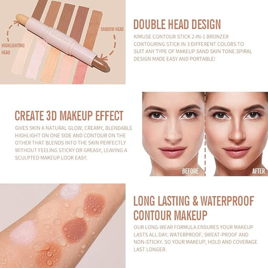 KIMUSE 2 Color Dual Cream Contour Stick, Highlight Face Makeup