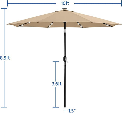 Yaheetech 10FT Solar Powered Patio Umbrella - UV Protection Market Table Umbrella w/ 32 LED Lights & Push Button Tilt & Crank Lift System for Garden/Lawn/Deck/Backyard/Pool,Tan