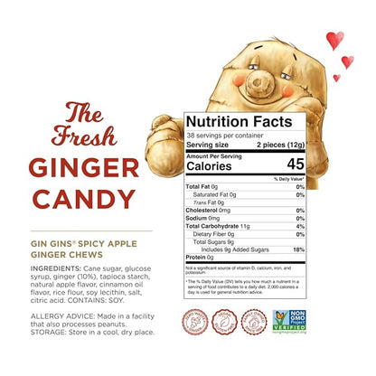 GIN GINS Spicy Apple Ginger Chews – Natural Fresh Ginger Candy by The Ginger People – Individually Wrapped Healthy Candy – Spicy Apple Ginger Flavor – Large 1 lb Bag (16oz) – Pack of 1