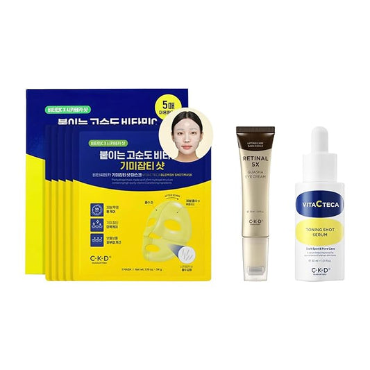 CKD Brightening & Anti-Aging Skincare Bundle – Vitamin C + TECA Hydrogel Mask, Toning Serum, and Retinal Eye Cream with Gua Sha Roller