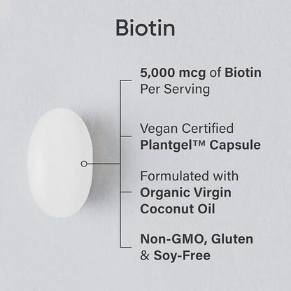 Sports Research Vegan Biotin 5000mcg with Organic Coconut Oil | Extra Strength Biotin Vitamin B7 Supplement for Hair & Skin Support | Non-GMO Verified, Soy Free, Gluten Free - 30 Softgels