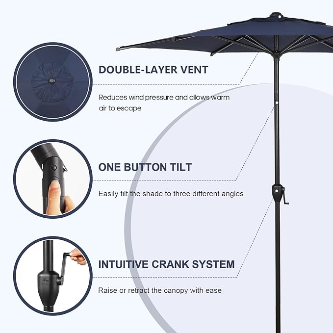 Abba Patio 7.5FT Lyon Outdoor Patio Umbrella Outdoor Table Umbrella with Push Button Tilt and Crank Market Umbrella 6 Sturdy Ribs UV Protection Waterproof for Garden Deck Backyard Pool Dark Blue.