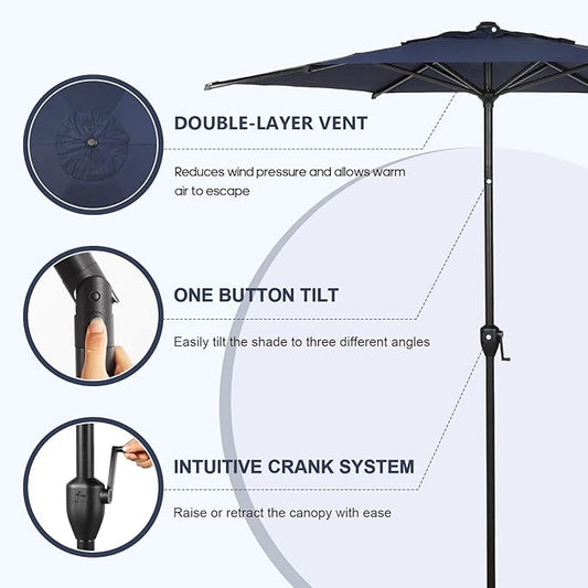 Abba Patio 7.5FT Lyon Outdoor Patio Umbrella Outdoor Table Umbrella with Push Button Tilt and Crank Market Umbrella 6 Sturdy Ribs UV Protection Waterproof for Garden Deck Backyard Pool Dark Blue.
