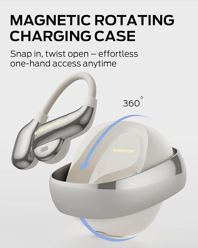Monster Open Ear AC390 Headphones, Bluetooth 6.0 Earbuds with Stereo Sound, Wireless Headphones 24H Playtime, IPX5 Waterproof, Rotating Charging Case with Lanyard, Ultra-Light Open Ear Earbuds