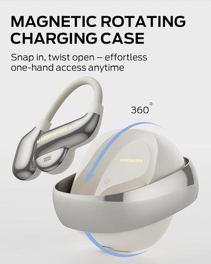 Monster Open Ear AC390 Headphones, Bluetooth 6.0 Earbuds with Stereo Sound, Wireless Headphones 24H Playtime, IPX5 Waterproof, Rotating Charging Case with Lanyard, Ultra-Light Open Ear Earbuds