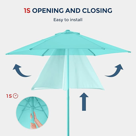 7.5ft Outdoor 1S Push-Up Patio Umbrella - Market Table Pool Deck Umbrella UPF50+ UV Protection with 6 Sturdy Ribs for Balcony, Garden, Lawn, Backyard (Tiffany Blue)