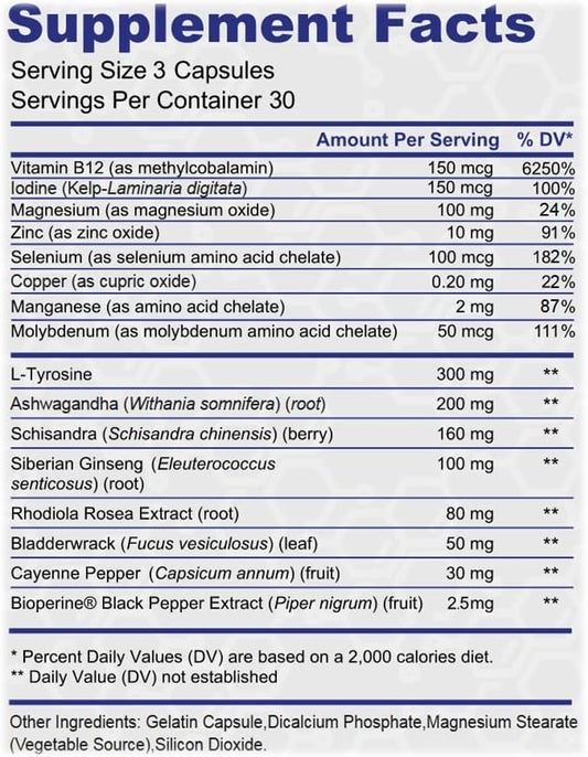 Thyroid Support - Ltyrosine, Iodine, Vitamin B12 Complex, Zinc, Selenium, Ashwagandha, Copper & More 30 Day Supply