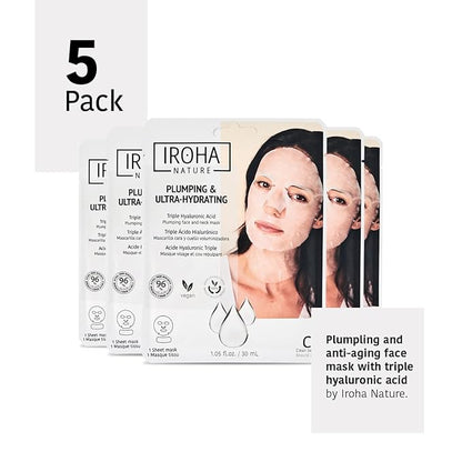 Collagen Face & Neck Sheet Mask (5 Masks) + Anti-Aging Face & Neck Mask (5 Masks) - Skin Care With Triple Hyaluronic Acid & Niacinamide, Anti-Wrinkles & Firming, Vegan, Korean - Total Bundle 10 pieces
