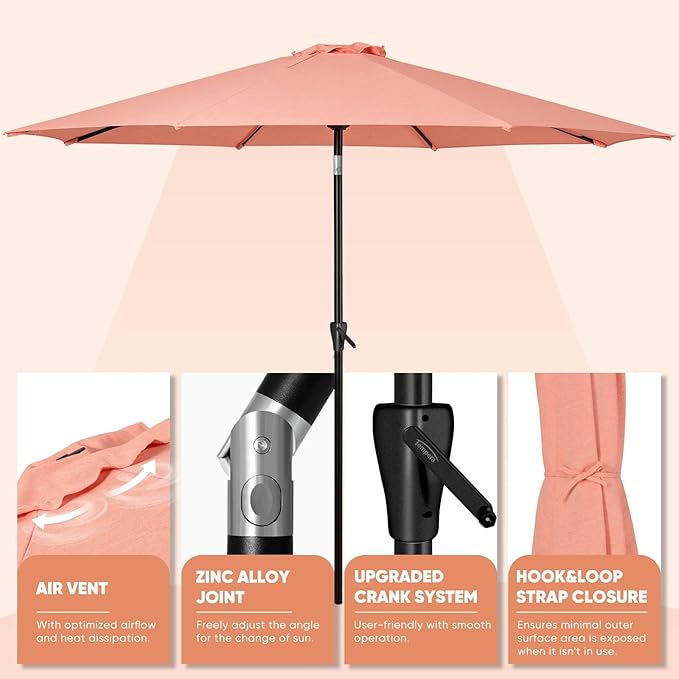 Tempera Patio Market Outdoor Table Umbrella with Push Button Tilt and Crank,Large Sun Umbrella with Sturdy Pole&Fade resistant canopy,Easy to set