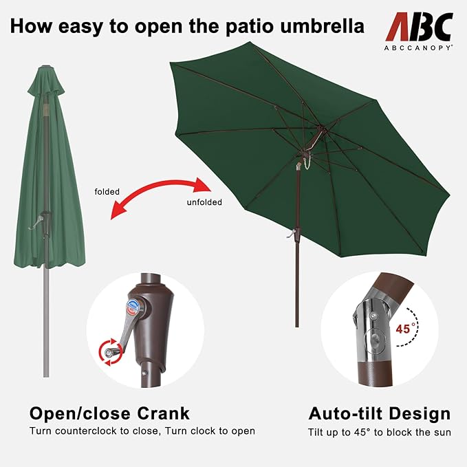 ABCCANOPY 9FT Outdoor Patio Umbrella, 8 Ribs Table Umbrella w/Crank for Easy Set Up, Suitable for Garden, Lawn, Deck & Backyard (Forest Green)