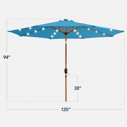 Best Choice Products 10ft Solar Market Patio Umbrella w/Woodgrain Pattern Pole, LED Lights, Tilt & Crank – Outdoor Sun Shade for Backyard Table, Deck, Poolside – Sky Blue