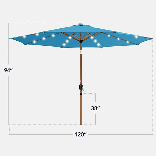 Best Choice Products 10ft Solar Market Patio Umbrella w/Woodgrain Pattern Pole, LED Lights, Tilt & Crank – Outdoor Sun Shade for Backyard Table, Deck, Poolside – Sky Blue
