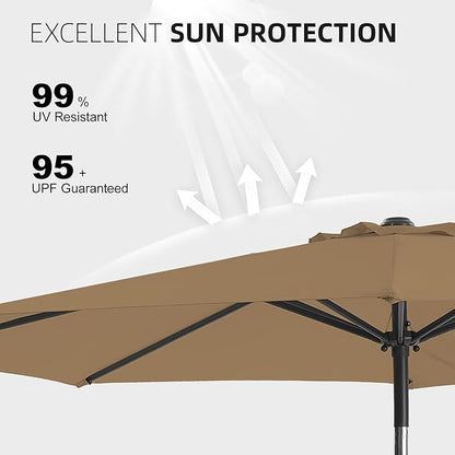 wikiwiki 11 FT Patio Umbrellas Outdoor Table Market Umbrella with Push Button Tilt/Crank, 8 Sturdy Ribs, Fade Resistant Waterproof POLYESTER DTY Canopy for Garden, Lawn, Deck, Backyard & Pool, Tan