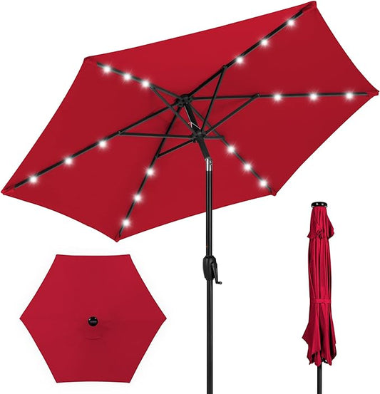 Best Choice Products 7.5ft Outdoor Solar Market Table Patio Umbrella for Deck, Pool w/Tilt, Crank, LED Lights - Red