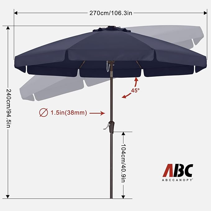ABCCANOPY Patio Umbrella 9ft, Outdoor Table Umbrella with Push Button Tilt and Crank, 8 Ribs Umbrella for Patio Pool Garden Deck (Navy Blue)