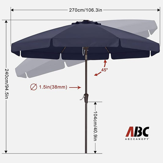 ABCCANOPY Patio Umbrella 9ft, Outdoor Table Umbrella with Push Button Tilt and Crank, 8 Ribs Umbrella for Patio Pool Garden Deck (Navy Blue)