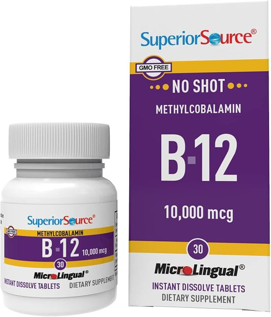 Superior Source No Shot Methylcobalamin B-12 10000 mcg - Vitamin B-12 to Support Energy Production, Brain Health & Overall Wellness - Sublingual Tablets for Quick Absorption - 30 Dissolving Tablets