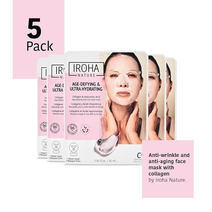 Collagen Face & Neck Sheet Mask (5 Masks) + Anti-Aging Face & Neck Mask (5 Masks) - Skin Care With Triple Hyaluronic Acid & Niacinamide, Anti-Wrinkles & Firming, Vegan, Korean - Total Bundle 10 pieces
