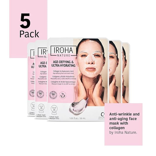 Collagen Face & Neck Sheet Mask (5 Masks) + Anti-Aging Face & Neck Mask (5 Masks) - Skin Care With Triple Hyaluronic Acid & Niacinamide, Anti-Wrinkles & Firming, Vegan, Korean - Total Bundle 10 pieces