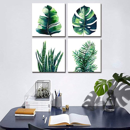 YOOOAHU Green Leaf Wall Art Room Decor Bathroom Bedroom Home Decoration Watercolor Painting Pictures Framed Canvas Prints Boho Tropical Plant Leaves Monstera Botanical White Set of 4 Pcs 20 × 20 Inch