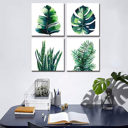 YOOOAHU Green Leaf Wall Art Room Decor Bathroom Bedroom Home Decoration Watercolor Painting Pictures Framed Canvas Prints Boho Tropical Plant Leaves Monstera Botanical White Set of 4 Pcs 24 × 24 Inch