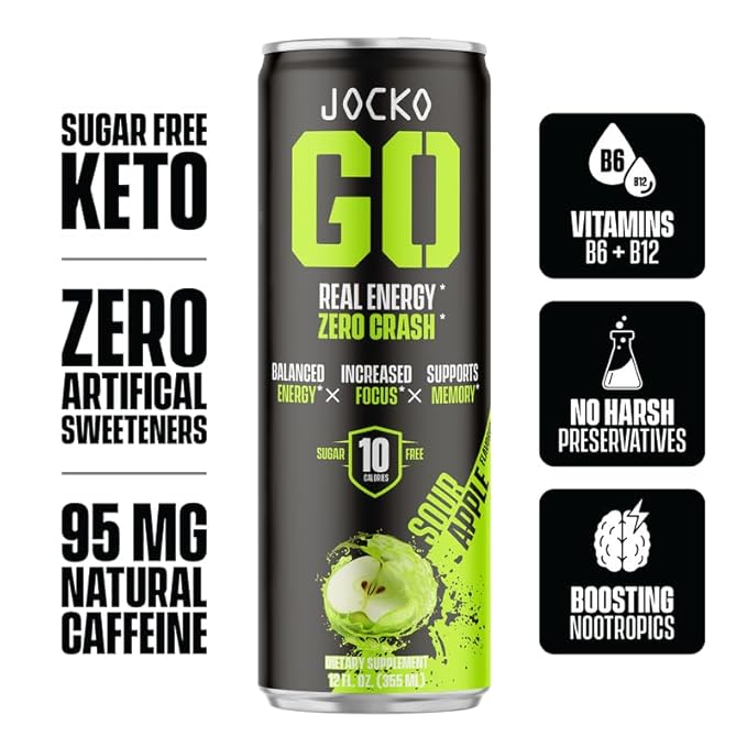 Jocko GO Energy Drink - KETO, Vitamin B12, Vitamin B6, Electrolytes, L Theanine, Magnesium- Energy Boost, Sugar Free Nootropic Monk Fruit Blend - 12 Pack (Sour Apple)