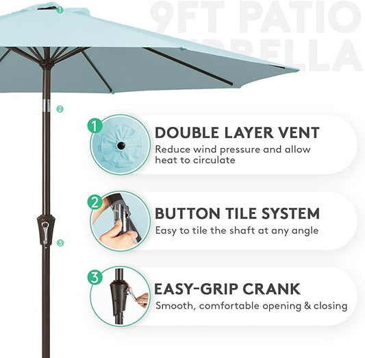 JEAREY 9FT Outdoor Patio Umbrella Outdoor Table Umbrella with Push Button Tilt and Crank, Market Umbrella 8 Sturdy Ribs UV Protection Waterproof for Garden, Deck, Backyard, Pool (Light Blue)