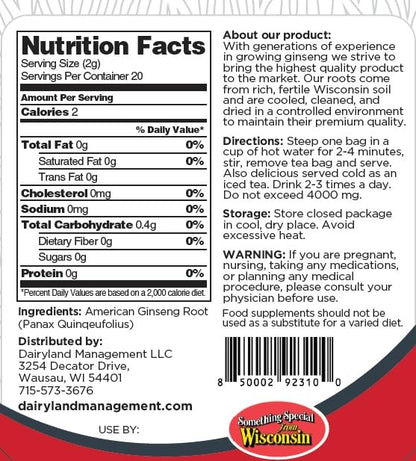 Dairyland American Ginseng Tea Bags 美国人参茶 (20 ct) - Premium Wisconsin Ginseng Tea - Non-GMO, Gluten Free