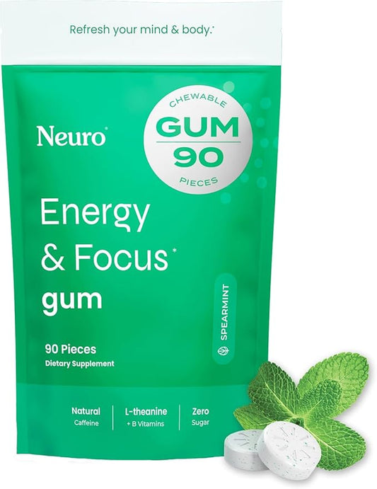 NeuroGum Energy Caffeine Gum (90 Pieces) - Sugar Free with L-theanine + Natural Caffeine + Vitamin B12 & B6 - Nootropic Energy & Focus Supplement for Women & Men - Keto & Vegan, Spearmint Flavor