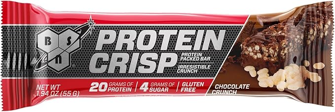 BSN Protein Crisp Bar, Protein Snack Bars, Crunch Bars with Whey Protein and Fiber, Gluten Free, Chocolate Crunch, 12 Count (Packaging May Vary)