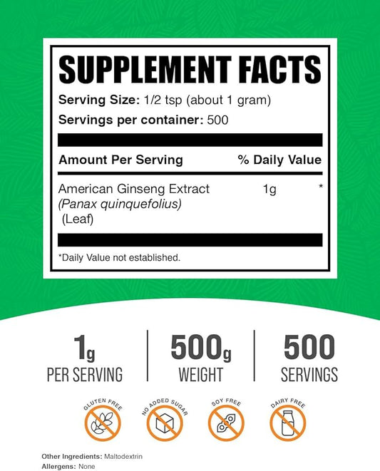 BulkSupplements.com American Ginseng Extract Powder - Ginseng Supplement, Herbal Supplements - Gluten Free, 1g per Serving, 500g (1.1 lbs) (Pack of 1)