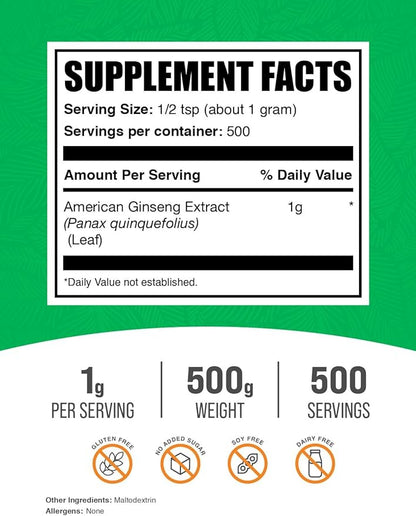 BulkSupplements.com American Ginseng Extract Powder - Ginseng Supplement, Herbal Supplements - Gluten Free, 1g per Serving, 500g (1.1 lbs) (Pack of 1)
