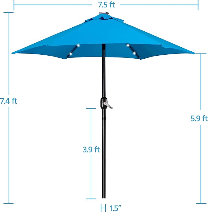 Yaheetech 7.5FT Solar Umbrella LED Lighted Patio Umbrella Waterproof & UV Protection, Market Sunshade w/Tilt and Crank for Backyard, Deck and Pool, Sky Blue