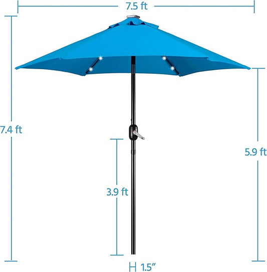 Yaheetech 7.5FT Solar Umbrella LED Lighted Patio Umbrella Waterproof & UV Protection, Market Sunshade w/Tilt and Crank for Backyard, Deck and Pool, Sky Blue