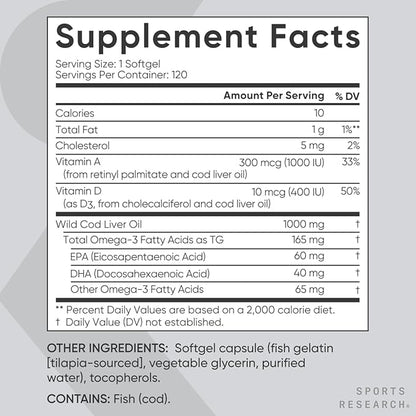 Sports Research® Omega-3 Wild Alaskan Cod Liver Oil 1000mg with Vitamins A (1000 IU) & D3 (400 IU) - Burpless, Bovine Free, Non-GMO, & MSC Certified Sustainable - 120 Softgels