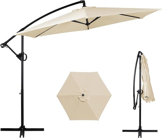 Shintenchi Patio Offset Umbrella with Easy Tilt Adjustment,Crank and Cross Base, Outdoor Cantilever Hanging Umbrella, Sunshade Umbrella Canopy, Cream White
