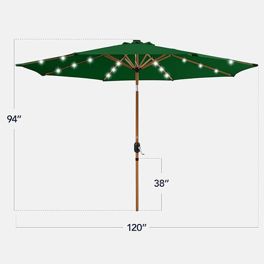 Best Choice Products 10ft Solar Market Patio Umbrella w/Woodgrain Pattern Pole, LED Lights, Tilt & Crank – Outdoor Sun Shade for Backyard Table, Deck, Poolside – Green