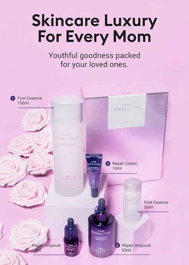 MISSHA Time Revolution Gift Set The First Essence 5X & Night Repair Ampoule 5X for Radiant, Youthful Skin, Korean Skin Care, Glass Skin