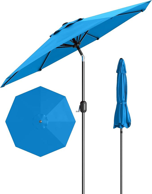 9FT Patio Umbrella Outdoor, Market Umbrella, Table Umbrella with Push Button Tilt and Crank, 8 Sturdy Ribs UV Protection Waterproof for Garden, Pool, Deck, Backyard (Sky Blue)