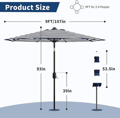 9Ft Patio Umbrella - 8 Sturdy Ribs Outdoor Table Umbrella with Crank Lift & Push Button Tilt - Market Umbrella for Pool, Deck, Yard, Garden - Light blue & White Stripe