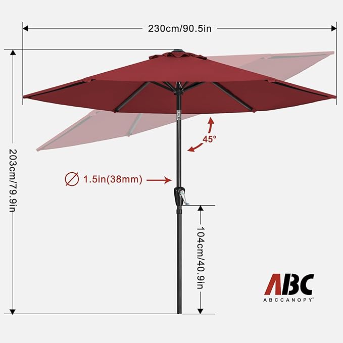 ABCCANOPY 7.5FT OutdoorPatio Umbrella, UV Protection Table Umbrella w/Crank for Easy Set Up, Suitable for Garden, Lawn, Deck & Backyard (Burgundy)