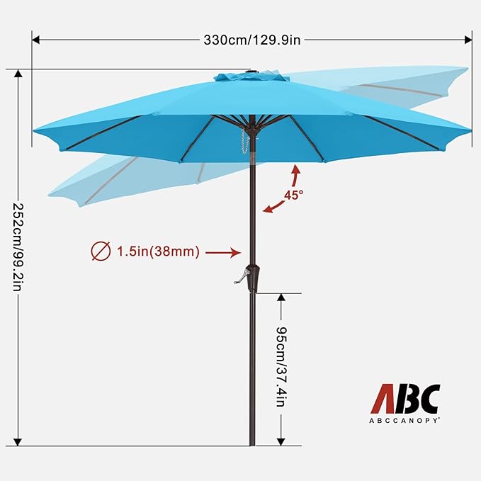ABCCANOPY 11FT Patio Umbrella, Waterproof Table Umbrella with Push Button Tilt and Crank, 8 Ribs UV Protection Pool Umbrella for Garden, Lawn, Deck & Backyard (Turquoise)