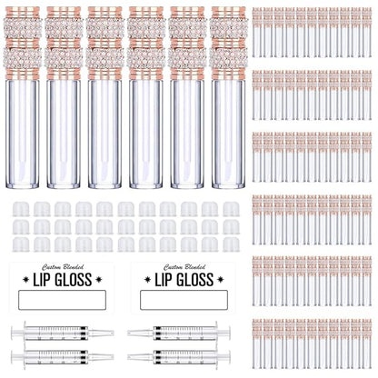 AMORIX 72 Pack 5ml Pearl Diamond Lip Gloss Tubes with Wand 5ml Empty Lip Gloss Containers Lipgloss Bottles with Stoppers + 4pcs Syringes for DIY Lip Gloss Balm