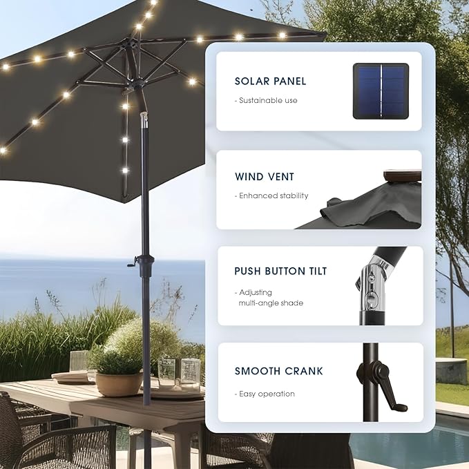 wikiwiki 7.5ft Solar Led Patio Umbrella, Sturdy Outdoor Market Umbrella for Deck, Pool, Garden w/Tilt, Crank, 18 LED Lights, Dark Gray