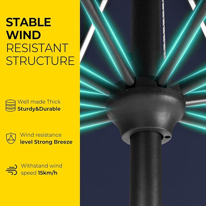Tempera Solar Patio Umbrella 40 LED Lighted Outdoor Umbrella Table Market Umbrella with Push Button Tilt and Crank, Solar Umbrella with Sturdy Pole&Fade Resistant Canopy, Easy to Set