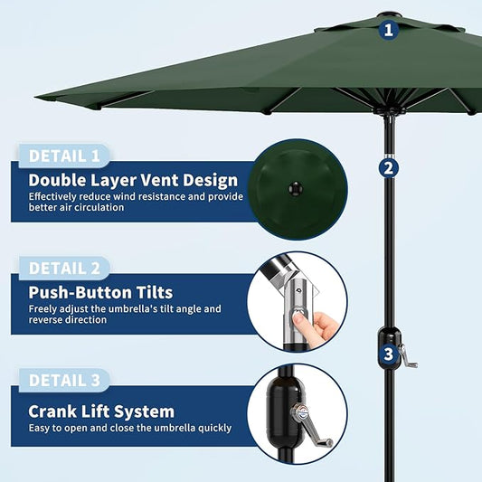 10Ft Patio Umbrella - 8 Sturdy Ribs Outdoor Table Umbrella with Crank Lift & Push Button Tilt - Market Umbrella for Pool, Deck, Yard, Garden - Dark Green