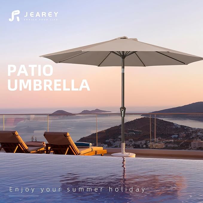 JEAREY 9FT Outdoor Patio Umbrella Outdoor Table Umbrella with Push Button Tilt and Crank, Market Umbrella 8 Sturdy Ribs UV Protection Waterproof for Garden, Deck, Backyard, Pool (Khaki)