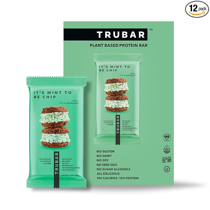 TRUBAR Vegan Protein Bar, It’s Mint to Be Chip, Gluten Free, Plant Based High Fiber, Dairy Free, Low Fat, No Sugar Alcohols, 12G Lean Protein, 13G Fiber, Healthy Snack Bars, 12 CT
