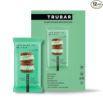 TRUBAR Vegan Protein Bar, It’s Mint to Be Chip, Gluten Free, Plant Based High Fiber, Dairy Free, Low Fat, No Sugar Alcohols, 12G Lean Protein, 13G Fiber, Healthy Snack Bars, 12 CT